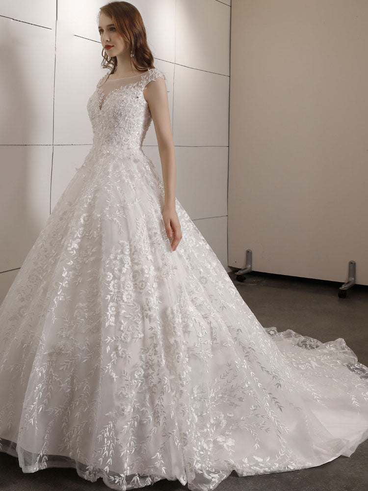 Vintage Lace Wedding Dress Court Train With Beading Top Bridal Gown WD323