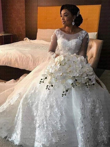 Luxury Long Sleeves Scoop Lace Appliques Beaded Wedding Dresses WD324
