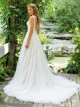 V Neck A-Line Wedding Dress Top Lace Appliques Bridal Gown with Sweep Train WD325