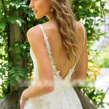 V Neck A-Line Wedding Dress Top Lace Appliques Bridal Gown with Sweep Train WD325