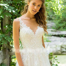 V Neck A-Line Wedding Dress Top Lace Appliques Bridal Gown with Sweep Train WD325