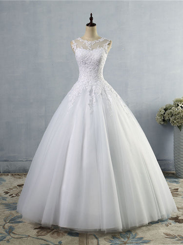 Round Neck Lace Appliques Ball Gown Wedding Dresses WD327