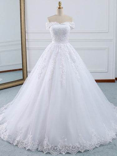 Off Shoulder Ball Gown Lace Wedding Dress with Long Train WD328