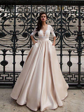 Elegant Champagne Lace Satin A Line Wedding Dress Bridal Gown with Buttons WD329