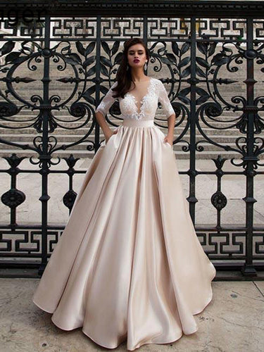 Elegant Champagne Lace Satin A Line Wedding Dress Bridal Gown with Buttons WD329