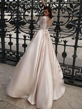 Elegant Champagne Lace Satin A Line Wedding Dress Bridal Gown with Buttons WD329