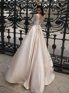Elegant Champagne Lace Satin A Line Wedding Dress Bridal Gown with Buttons WD329