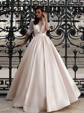Elegant Champagne Lace Satin A Line Wedding Dress Bridal Gown with Buttons WD329
