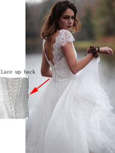 V-Neck Cap Sleeves Boho Lace Wedding Dresses Summer Beach Bridal Gown WD330