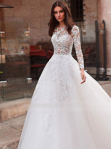 Sexy See-through Bodice Long Sleeve Wedding Dress Bridal Gown with Buttons WD337