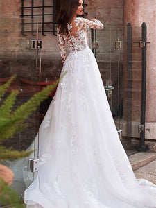 Sexy See-through Bodice Long Sleeve Wedding Dress Bridal Gown with Buttons WD337