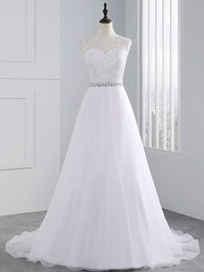 Round Neck A Line Lace Tulle Beach Wedding Dress Bridal Gown WD338