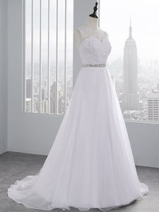 Round Neck A Line Lace Tulle Beach Wedding Dress Bridal Gown WD338