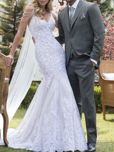 Lace Mermaid Wedding Dresses Pearls Spaghetti Straps Bridal Gown WD340