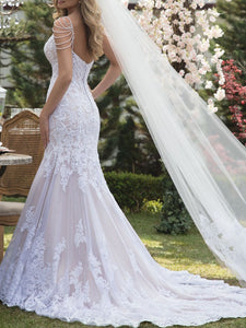 Lace Mermaid Wedding Dresses Pearls Spaghetti Straps Bridal Gown WD340