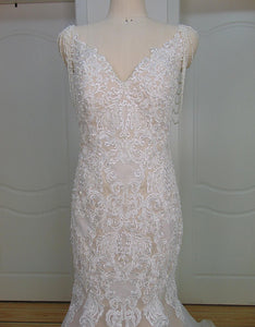 Lace Mermaid Wedding Dresses Pearls Spaghetti Straps Bridal Gown WD340