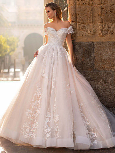 Luxury Champagne Off-the-Shoulder Lace Appliques Wedding Dresses WD343