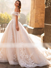 Luxury Champagne Off-the-Shoulder Lace Appliques Wedding Dresses WD343