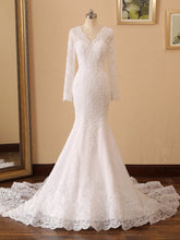 V Neck Long Sleeves Mermaid Wedding Dresses Beading Lace Bridal Gown WD344