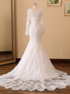 V Neck Long Sleeves Mermaid Wedding Dresses Beading Lace Bridal Gown WD344