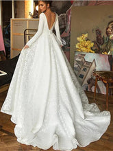 Sexy V Neck Long Sleeve Lace Wedding Dresses Satin Backless Bridal Gown WD345