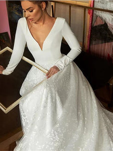 Sexy V Neck Long Sleeve Lace Wedding Dresses Satin Backless Bridal Gown WD345