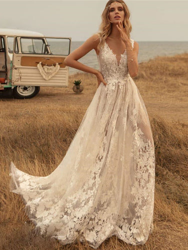 Deep V Neck Boho Wedding Dresses Country Lace Appliqued Backless Bridal Gown WD346