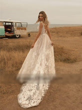 Deep V Neck Boho Wedding Dresses Country Lace Appliqued Backless Bridal Gown WD346