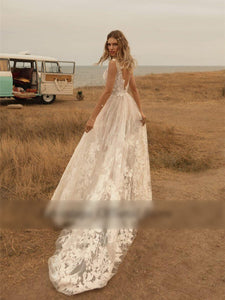 Deep V Neck Boho Wedding Dresses Country Lace Appliqued Backless Bridal Gown WD346