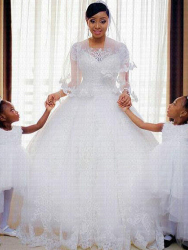Vintage Lace Appliques Short Sleeves Ball Gown Wedding Dresses WD347