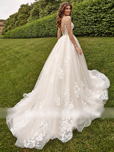 Illusion Scoop A Line Lace Wedding Dresses Elegant Cap Sleeve Bridal Gown with Court Train WD349