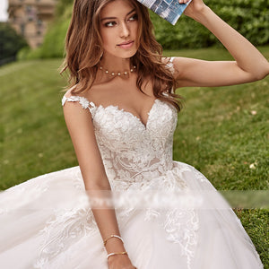 Illusion Scoop A Line Lace Wedding Dresses Elegant Cap Sleeve Bridal Gown with Court Train WD349