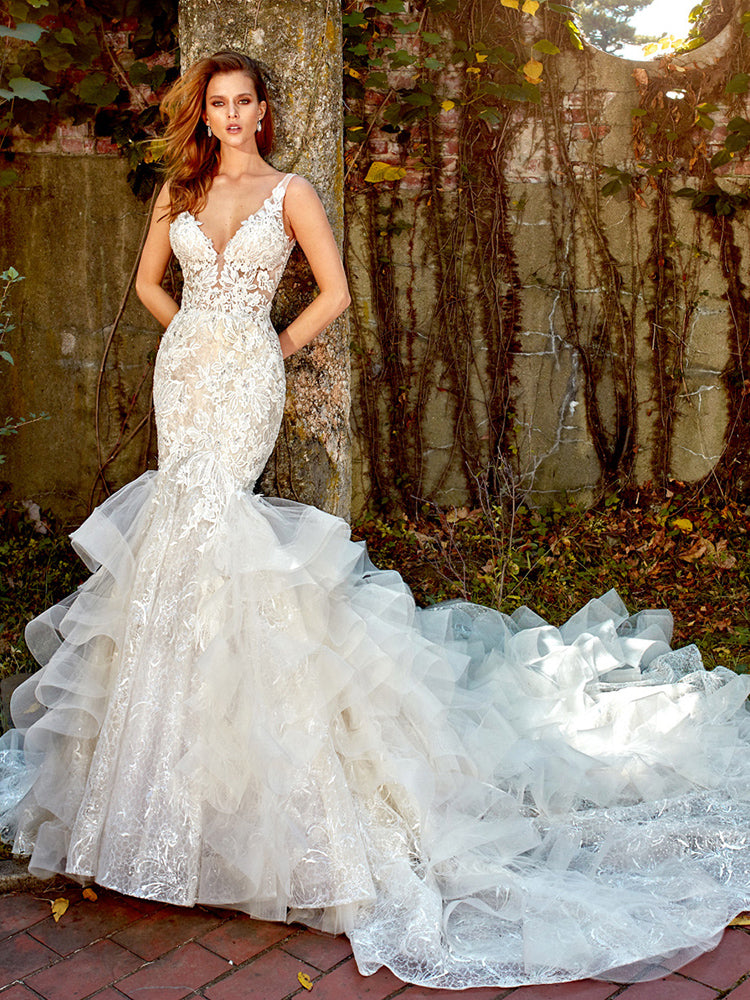 Luxury V-neck Backless Illusion Crystal Appliques Lace Mermaid Wedding Dress WD350