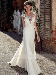 Modest Soft Satin Bateau Neckline Mermaid Wedding Dresses Illusion Back Lace Appliques Bridal Gown WD351