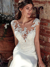 Modest Soft Satin Bateau Neckline Mermaid Wedding Dresses Illusion Back Lace Appliques Bridal Gown WD351