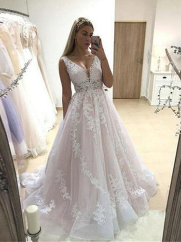 Pink Backless Wedding Dress Lace Appliques V Neck Bridal Gown WD352