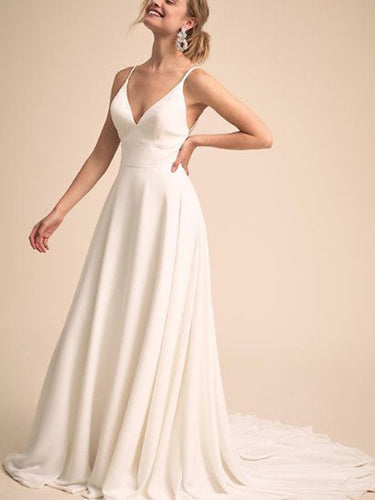 Simple & Charming V-neck Neckline  Wedding Dress Lace Sheer Back Bridal Gown WD353