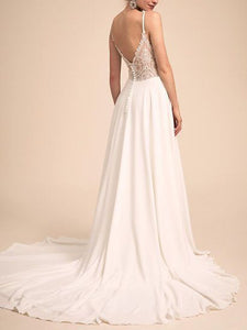 Simple & Charming V-neck Neckline  Wedding Dress Lace Sheer Back Bridal Gown WD353