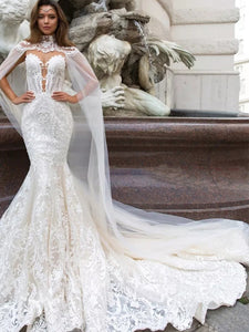 Sexy Lace Mermaid Wedding Dresses Bridal Gown With Tulle Shawl WD356