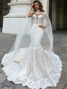 Sexy Lace Mermaid Wedding Dresses Bridal Gown With Tulle Shawl WD356