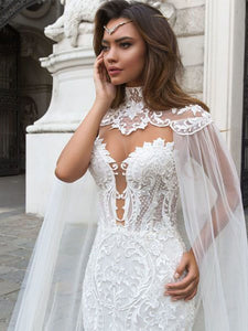 Sexy Lace Mermaid Wedding Dresses Bridal Gown With Tulle Shawl WD356