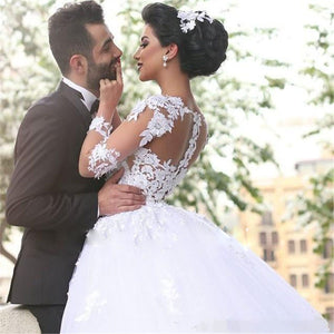 Sweetheart Neck Tulle Long Sleeve Wedding Dresses Lace Bridal Gowns Sweep Train WD361
