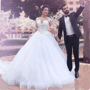 Sweetheart Neck Tulle Long Sleeve Wedding Dresses Lace Bridal Gowns Sweep Train WD361