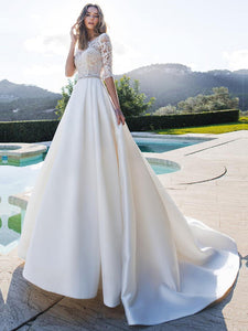 Half Sleeves Lace Satin Illusion Back Wedding Dresses Bridal Gown with Buttons WD362