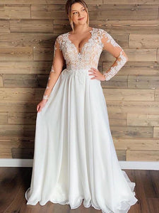 Plus Size Sexy V Neck Wedding Dresses Chiffon Long Sleeve A Line Lace Bridal Gowns WD363