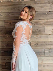 Plus Size Sexy V Neck Wedding Dresses Chiffon Long Sleeve A Line Lace Bridal Gowns WD363