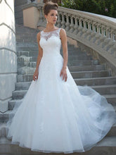 Scoop Neckline A-line Tulle Wedding Dress Sexy Sheer Back Lace Appliques Bridal Gown WD365