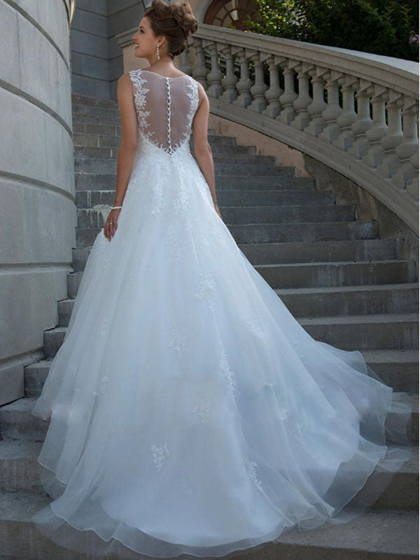 Scoop Neckline A-line Tulle Wedding Dress Sexy Sheer Back Lace Appliques Bridal Gown WD365