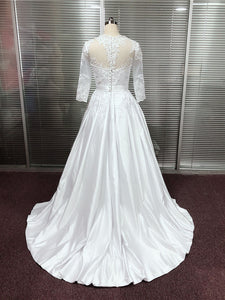 Satin Deep V-Neck A-Line Wedding Dresses With Lace Appliques Half Sleeves Bridal Dress WD366