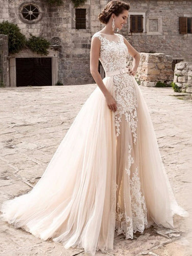 Champagne Lace Tulle Mermaid Wedding Dresses Detachable Train Bridal Gown WD368